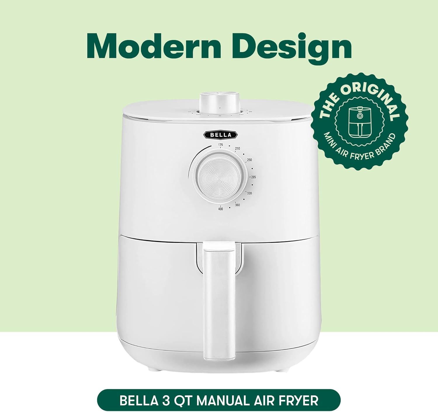 BELLA 3 Qt Manual Air Fryer Oven and 5-in-1 Multicooker with Removable Nonstick and Dishwasher Safe Crisping Tray and Basket, 1400 Watt Heating System, Matte White