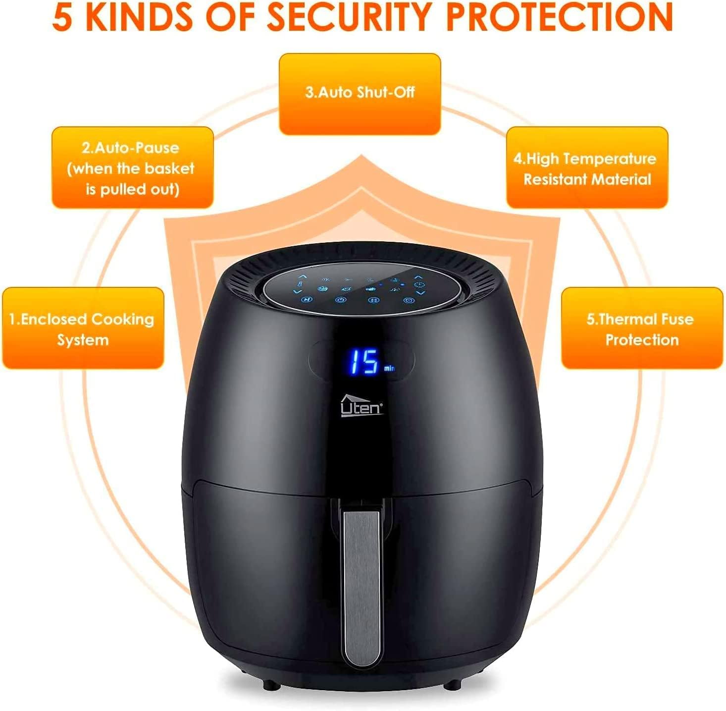 Air Fryer 5.8QT/5.5L, Uten 1700W AirFryer High-Power Electric Hot Temperature Control & Timer Knob, Non Stick Fry Basket, Dishwasher Safe, Apply to Party, Afternoon Tea, Black