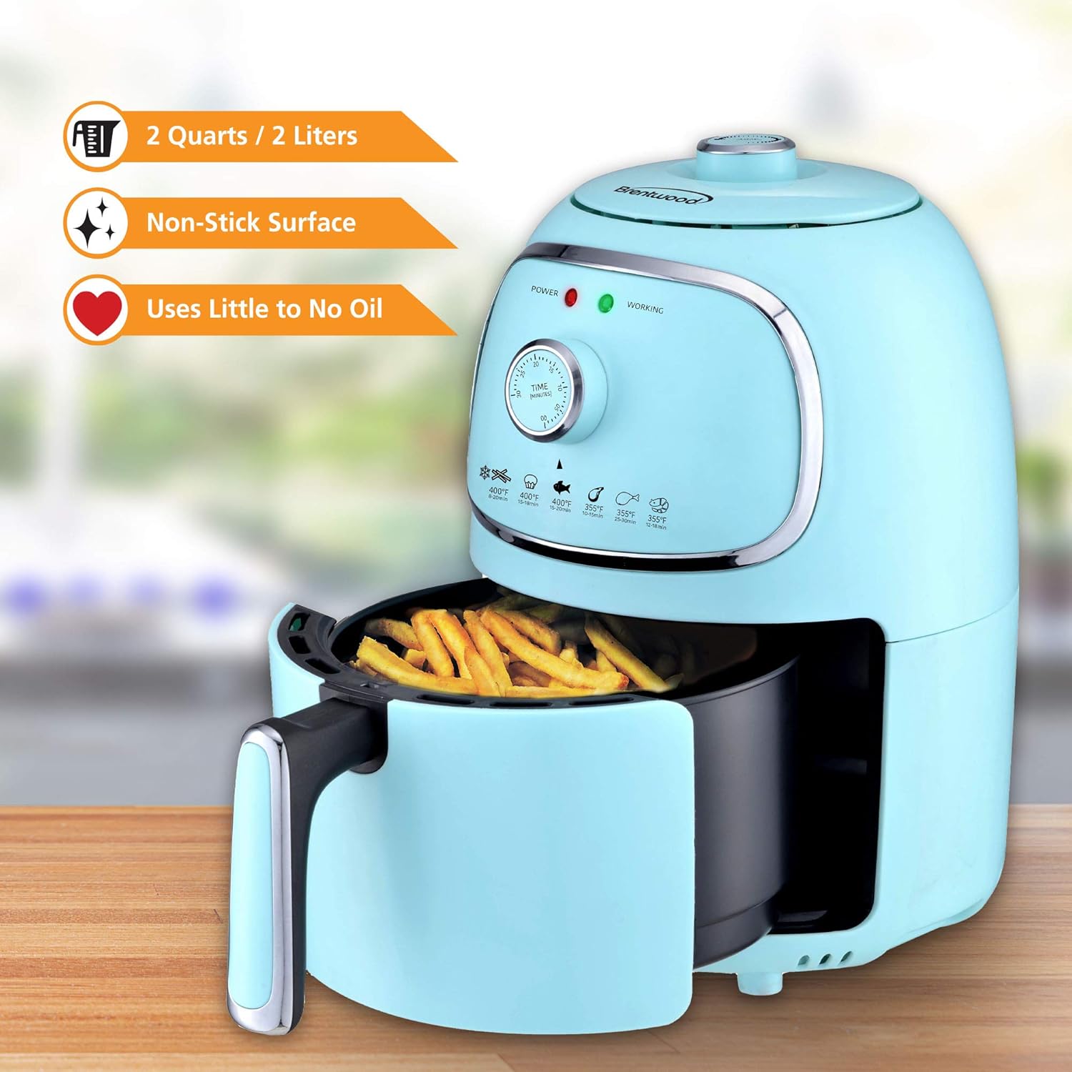 Brentwood Appliances AF-202BL 2-Quart 1,200-Watt Electric Air Fryer with Timer and Temperature Control (Blue)