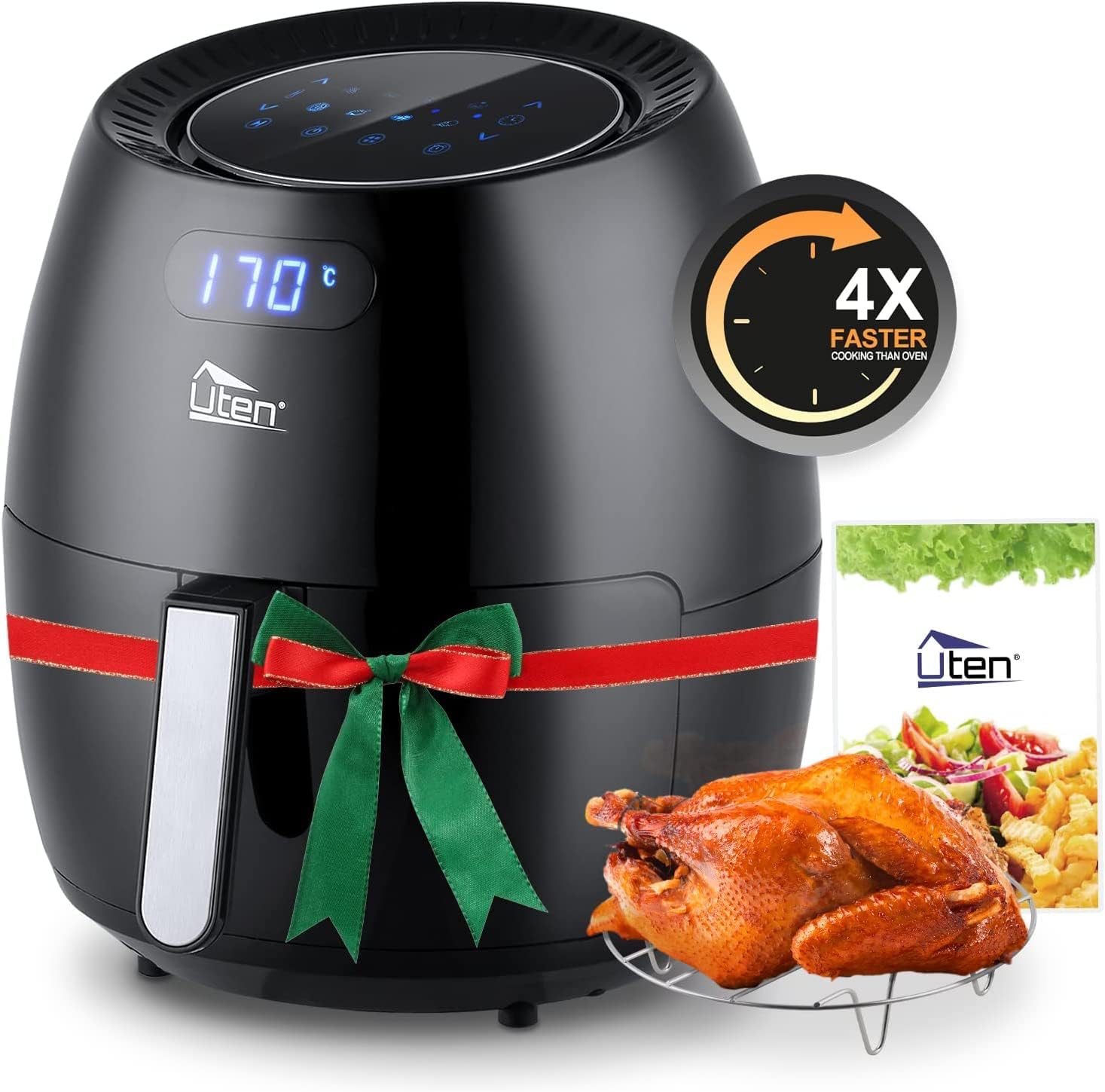 Air Fryer 5.8QT/5.5L, Uten 1700W AirFryer High-Power Electric Hot Temperature Control & Timer Knob, Non Stick Fry Basket, Dishwasher Safe, Apply to Party, Afternoon Tea, Black