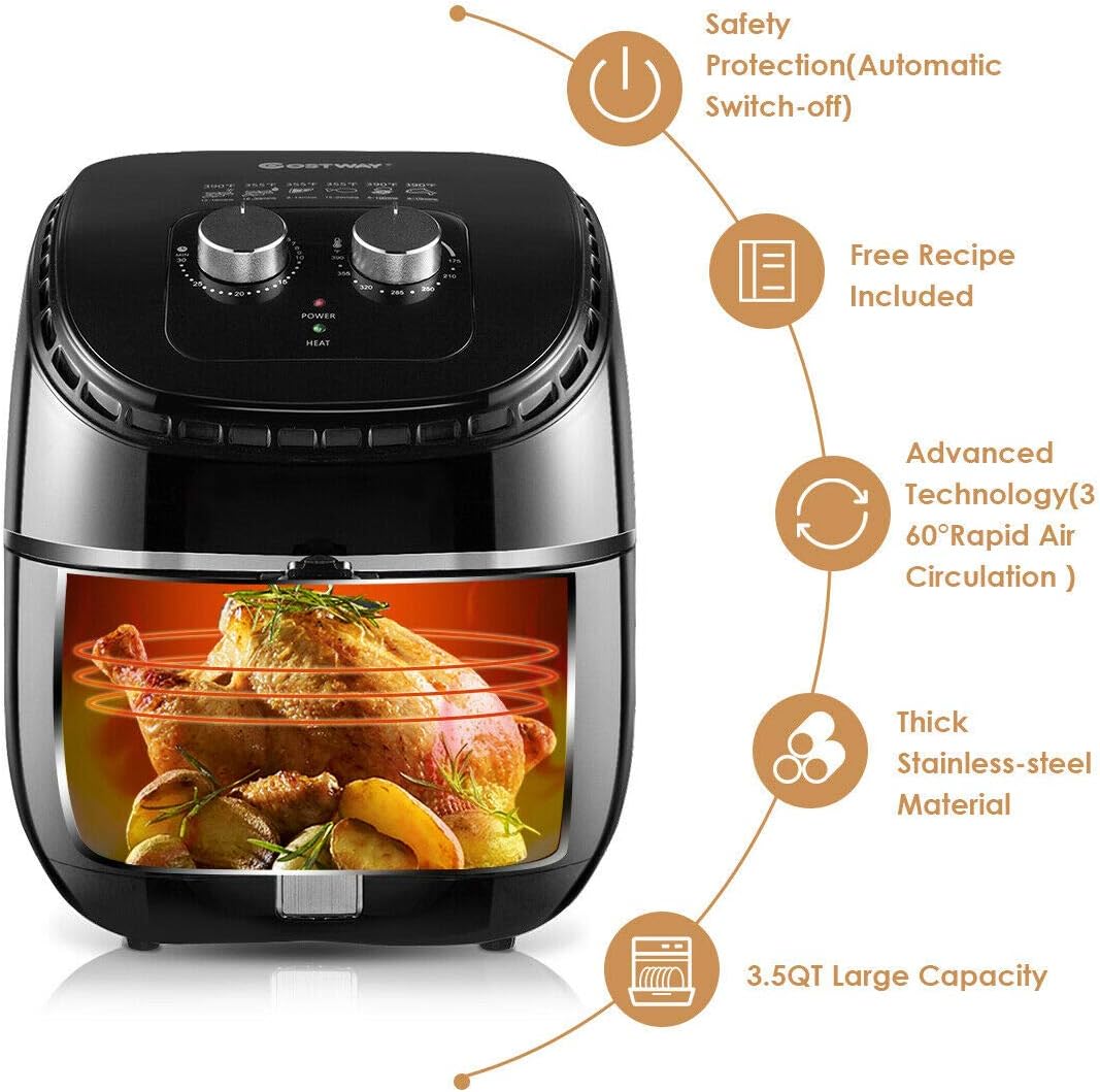 COSTWAY Air Fryer 3.5Qt 1300W Electric Hot Oil-Less Oven Cooker, UL Certified, Dishwasher Safe, with Smart Time&Temperature Control, Non Stick Fry Basket, Auto Shut Off (Black)