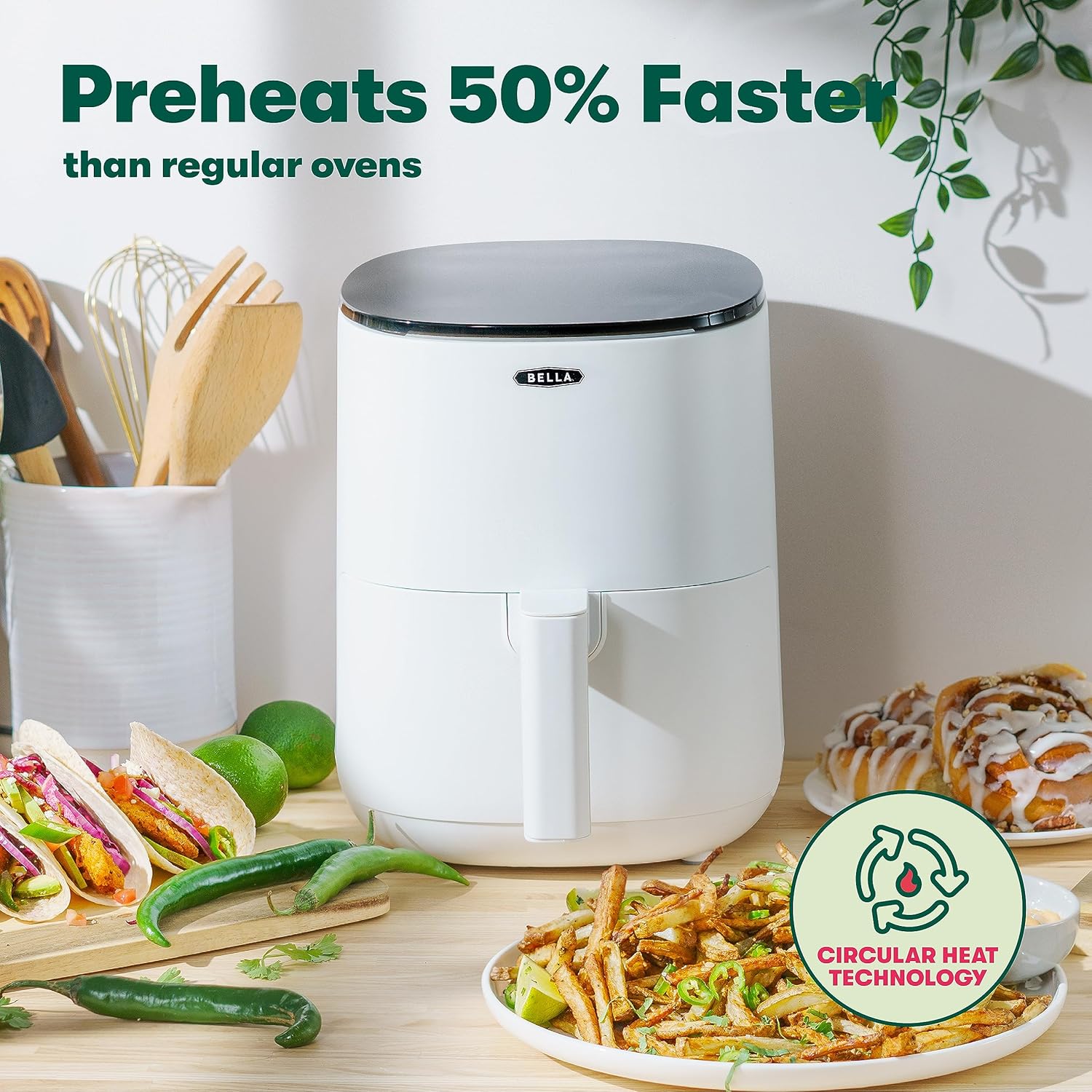 BELLA 3 Qt Touchscreen Air Fryer Oven and 5-in-1 Multicooker with Removable NonstickDishwasher Safe Crisping Tray and Basket, 1400 Watt Heating System, Matte Black