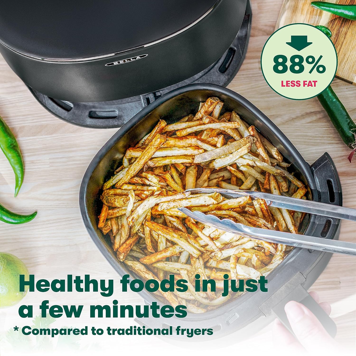 BELLA 3 Qt Touchscreen Air Fryer Oven and 5-in-1 Multicooker with Removable NonstickDishwasher Safe Crisping Tray and Basket, 1400 Watt Heating System, Matte Black