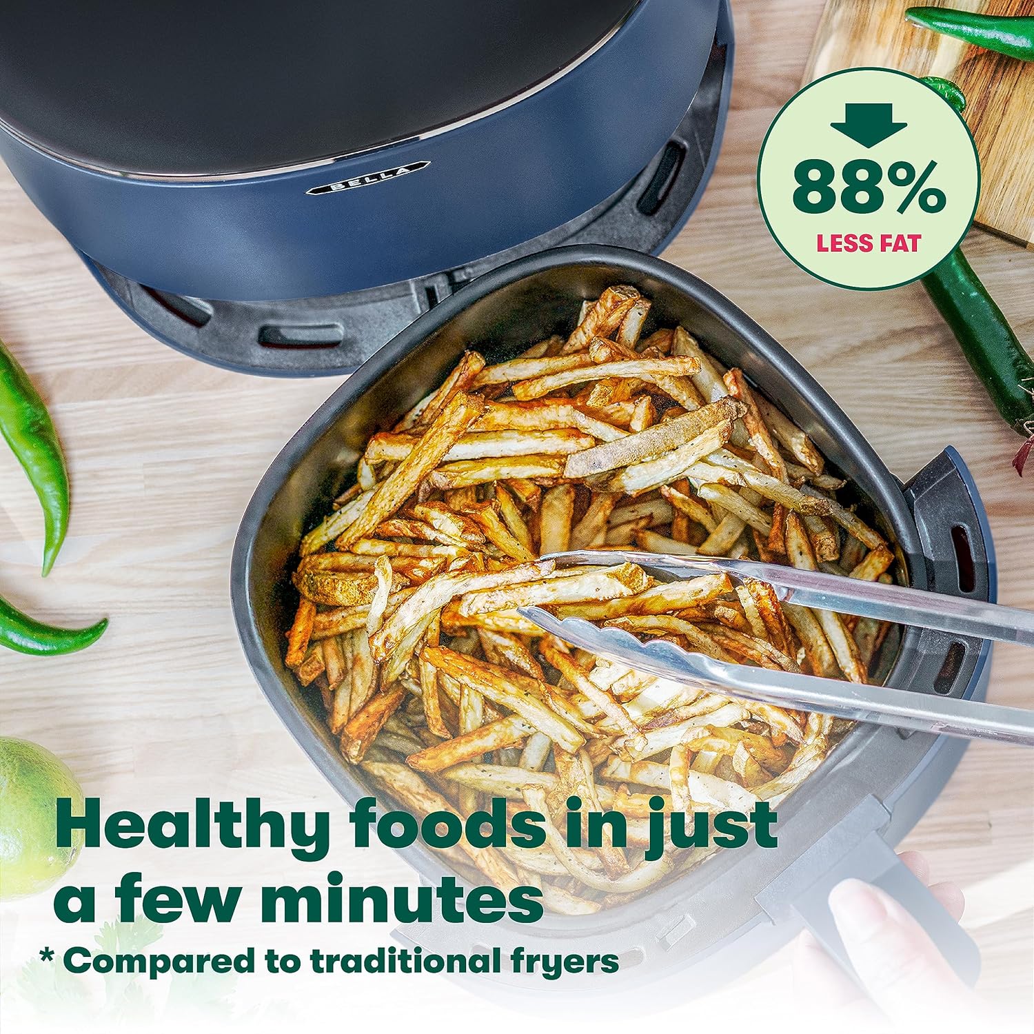 BELLA 3 Qt Touchscreen Air Fryer Oven and 5-in-1 Multicooker with Removable NonstickDishwasher Safe Crisping Tray and Basket, 1400 Watt Heating System, Matte Black